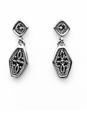 Silver-Tone Drop Earrings intricate Antique Inspired Elongated Hexagon Dangle